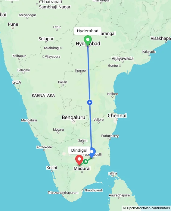 Route map showing distance and travel time from Hyderabad, India to Dindigul, India
