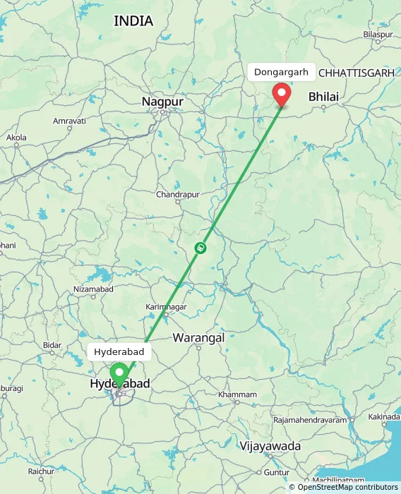 Route map showing distance and travel time from Hyderabad, India to Dongargarh, India