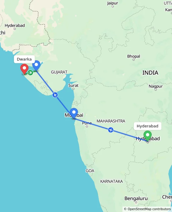 Route map showing distance and travel time from Hyderabad, India to Dwarka, India