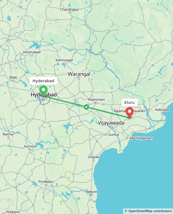 Route map showing distance and travel time from Hyderabad, India to Eluru, India