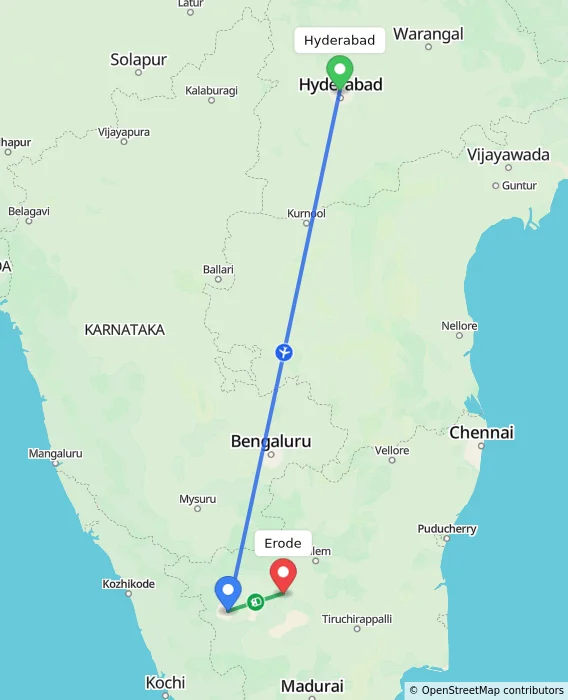 Route map showing distance and travel time from Hyderabad, India to Erode, India