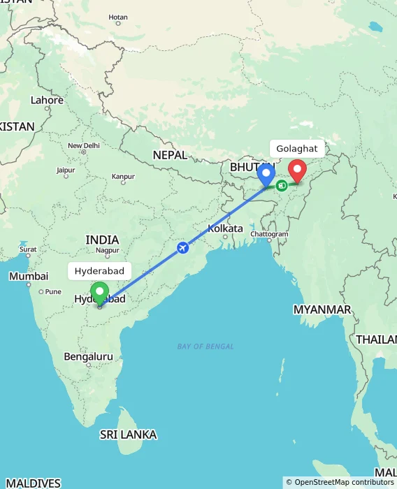 Route map showing distance and travel time from Hyderabad, India to Golaghat, India