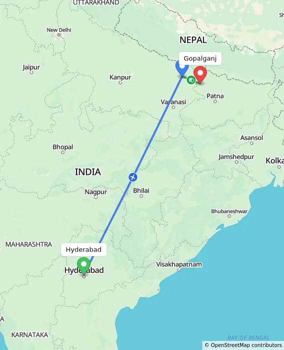 Route map showing distance and travel time from Hyderabad, India to Gopalganj, India
