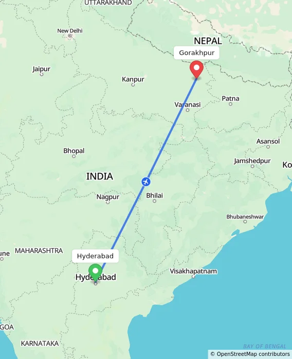 Route map showing distance and travel time from Hyderabad, India to Gorakhpur, India