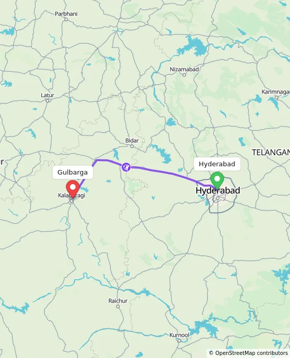 Route map showing distance and travel time from Hyderabad, India to Gulbarga, India