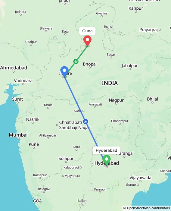Route map showing distance and travel time from Hyderabad, India to Guna, India