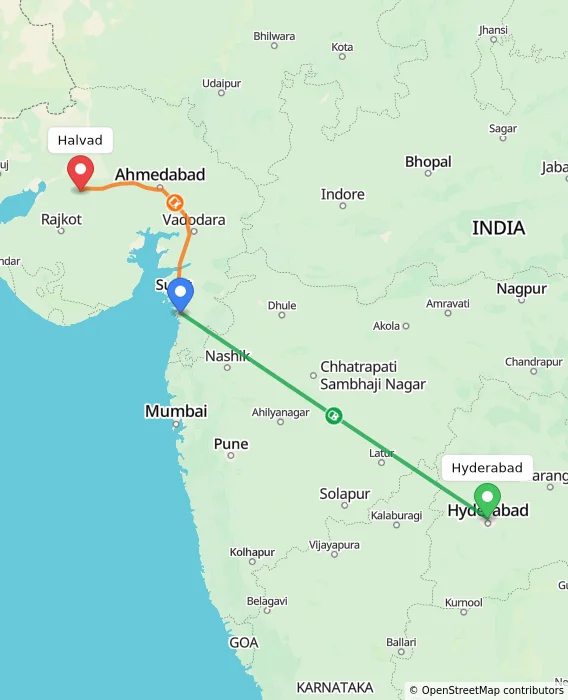 Route map showing distance and travel time from Hyderabad, India to Halvad, India