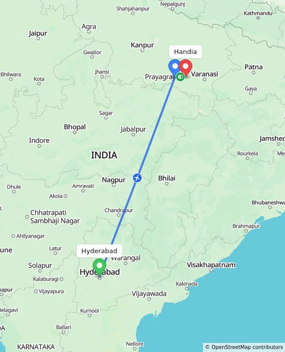 Route map showing distance and travel time from Hyderabad, India to Handia, India