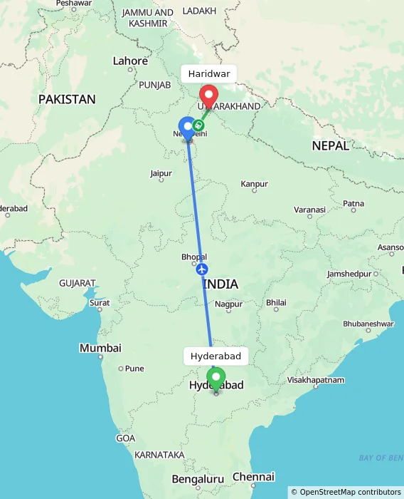 Route map showing distance and travel time from Hyderabad, India to Haridwar, India