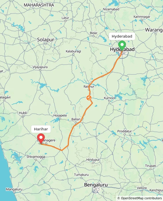 Route map showing distance and travel time from Hyderabad, India to Harihar, India