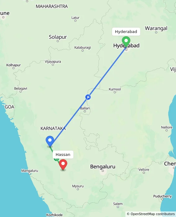 Route map showing distance and travel time from Hyderabad, India to Hassan, India