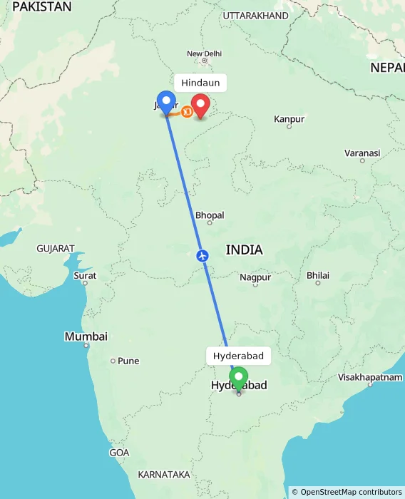 Route map showing distance and travel time from Hyderabad, India to Hindaun, India