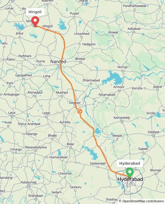 Route map showing distance and travel time from Hyderabad, India to Hingoli, India