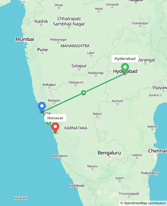 Route map showing distance and travel time from Hyderabad, India to Honavar, India