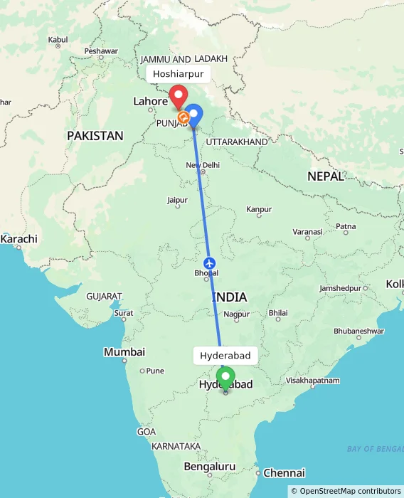 Route map showing distance and travel time from Hyderabad, India to Hoshiarpur, India