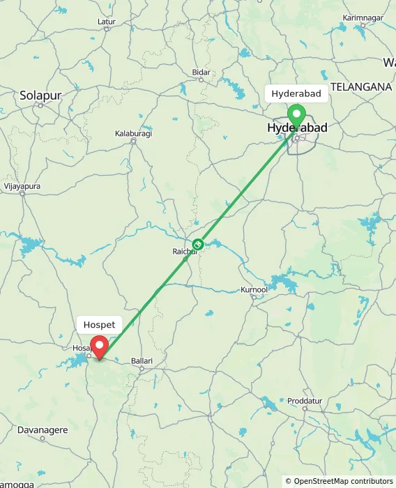 Route map showing distance and travel time from Hyderabad, India to Hospet, India