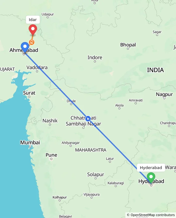 Route map showing distance and travel time from Hyderabad, India to Idar, India