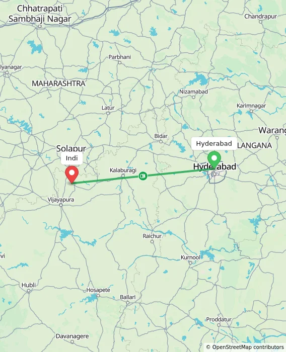 Route map showing distance and travel time from Hyderabad, India to Indi, India