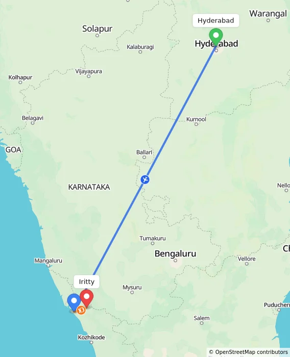 Route map showing distance and travel time from Hyderabad, India to Iritty, India