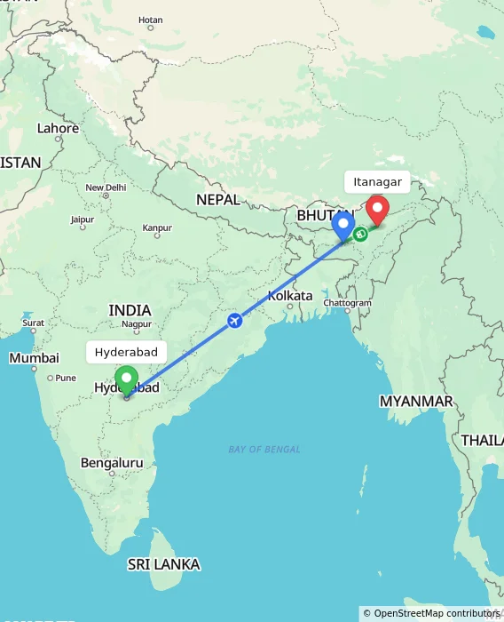Route map showing distance and travel time from Hyderabad, India to Itanagar, India