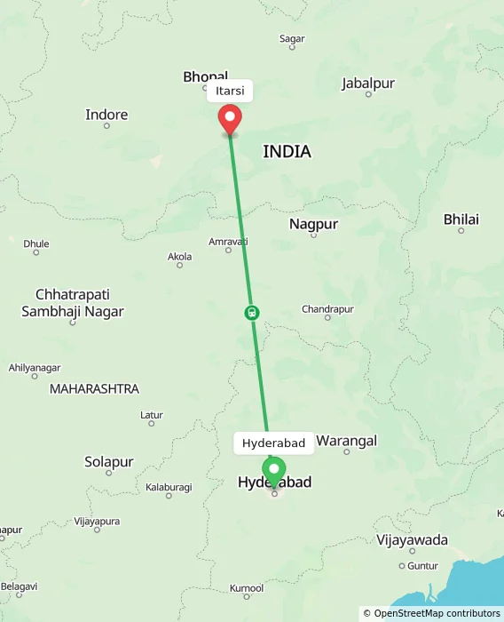 Route map showing distance and travel time from Hyderabad, India to Itarsi, India