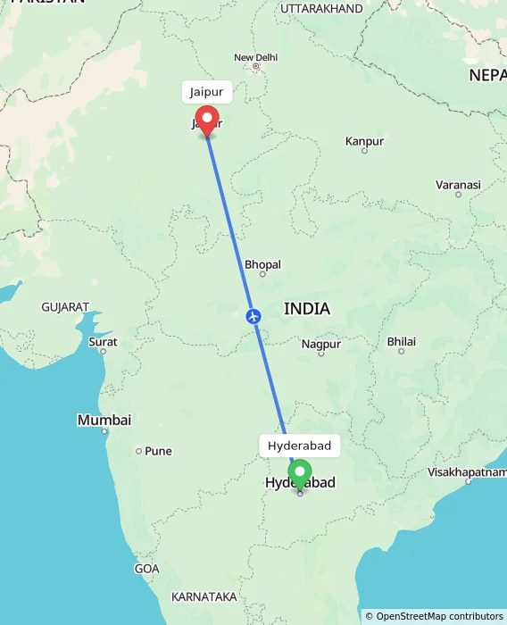 Route map showing distance and travel time from Hyderabad, India to Jaipur, India