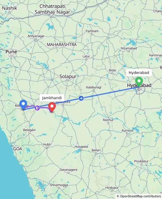 Route map showing distance and travel time from Hyderabad, India to Jamkhandi, India