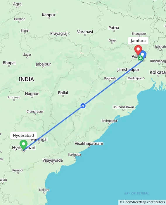 Route map showing distance and travel time from Hyderabad, India to Jamtara, India