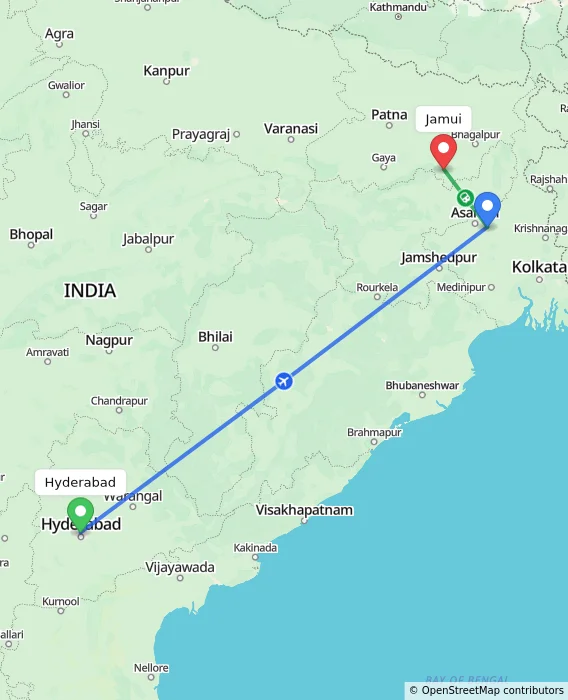 Route map showing distance and travel time from Hyderabad, India to Jamui, India
