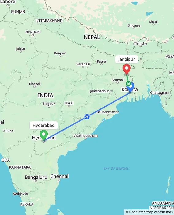 Route map showing distance and travel time from Hyderabad, India to Jangipur, India