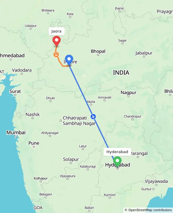 Route map showing distance and travel time from Hyderabad, India to Jaora, India