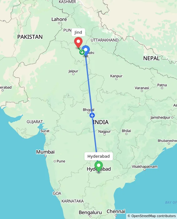 Route map showing distance and travel time from Hyderabad, India to Jind, India