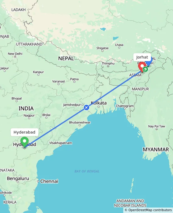 Route map showing distance and travel time from Hyderabad, India to Jorhat, India