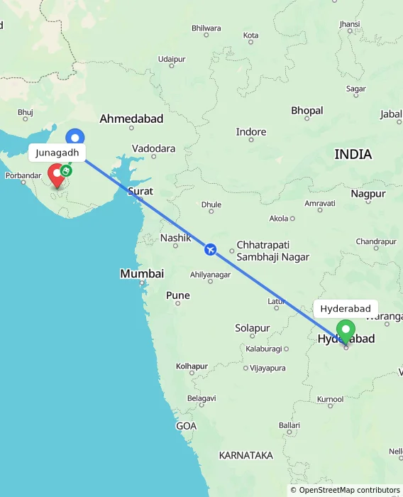 Route map showing distance and travel time from Hyderabad, India to Junagadh, India