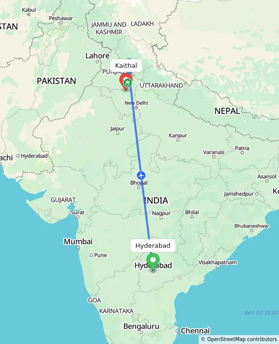 Route map showing distance and travel time from Hyderabad, India to Kaithal, India