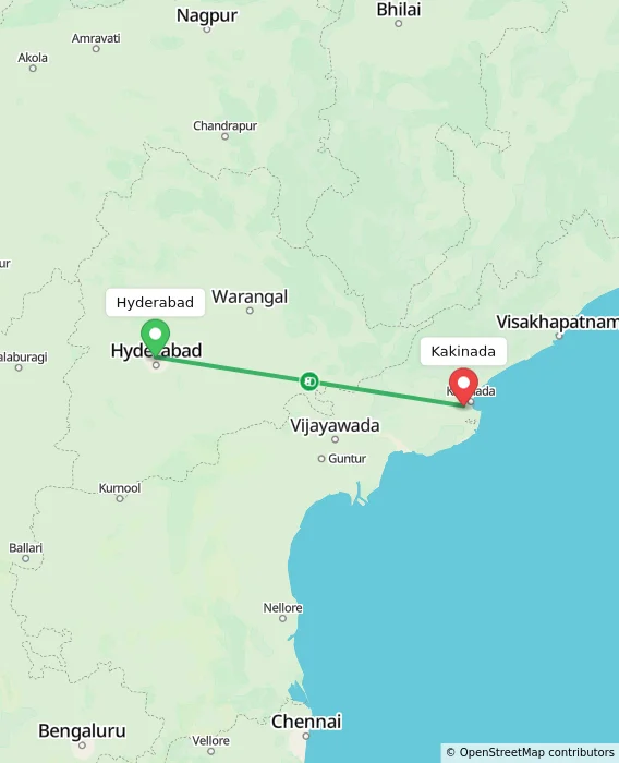 Route map showing distance and travel time from Hyderabad, India to Kakinada, India