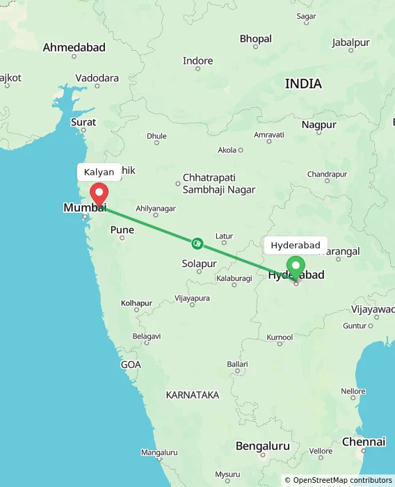 Route map showing distance and travel time from Hyderabad, India to Kalyan, India