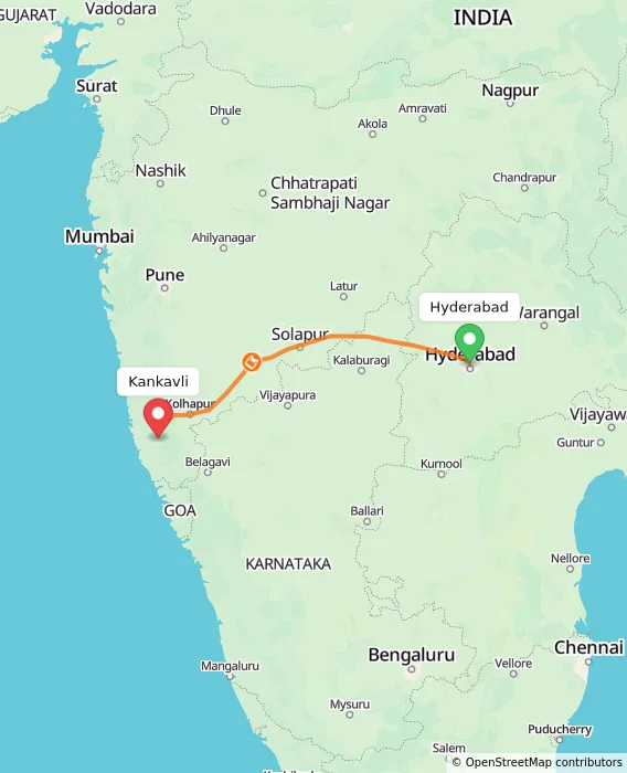 Route map showing distance and travel time from Hyderabad, India to Kankavli, India