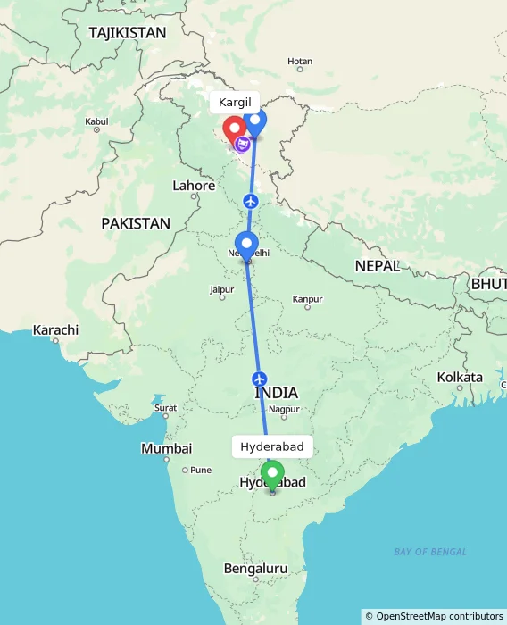 Route map showing distance and travel time from Hyderabad, India to Kargil, India
