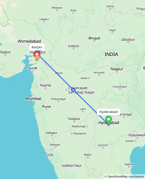 Route map showing distance and travel time from Hyderabad, India to Karjan, India