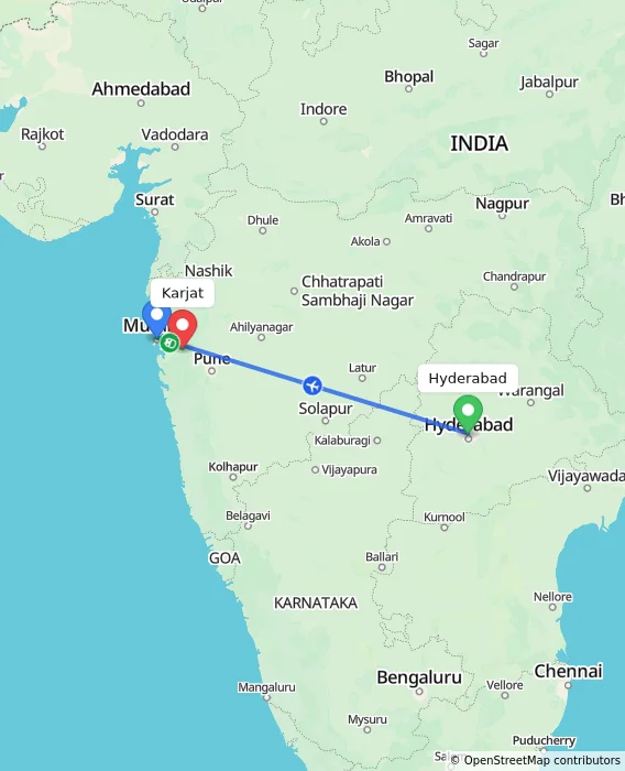 Route map showing distance and travel time from Hyderabad, India to Karjat, India