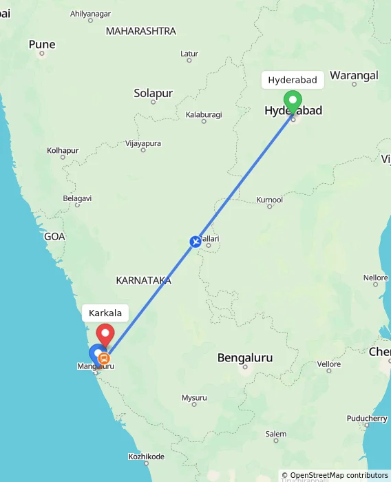 Route map showing distance and travel time from Hyderabad, India to Karkala, India