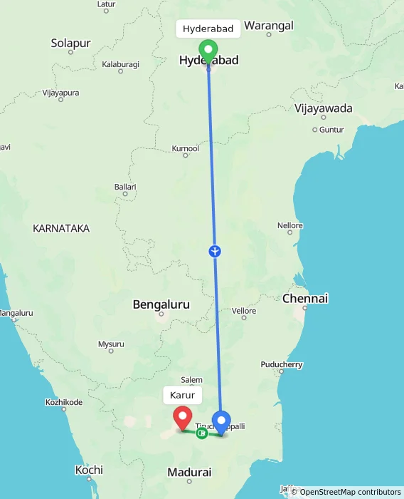 Route map showing distance and travel time from Hyderabad, India to Karur, India