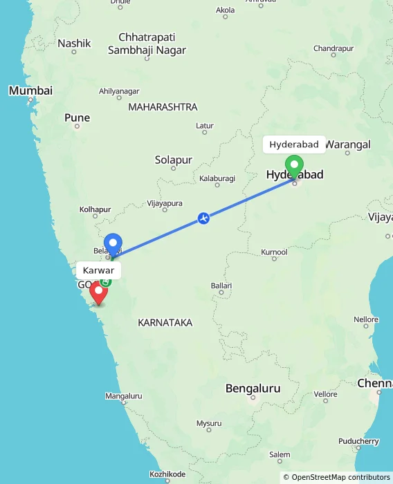 Route map showing distance and travel time from Hyderabad, India to Karwar, India