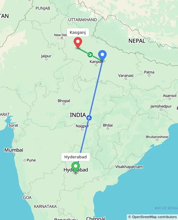 Route map showing distance and travel time from Hyderabad, India to Kasganj, India