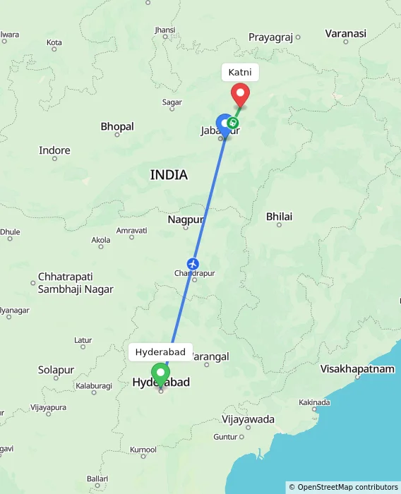 Route map showing distance and travel time from Hyderabad, India to Katni, India