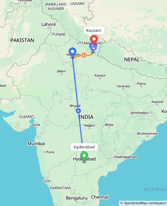 Route map showing distance and travel time from Hyderabad, India to Kausani, India