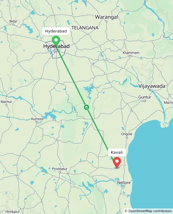 Route map showing distance and travel time from Hyderabad, India to Kavali, India