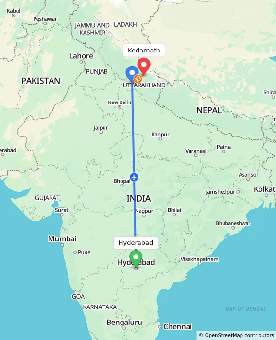 Route map showing distance and travel time from Hyderabad, India to Kedarnath, India