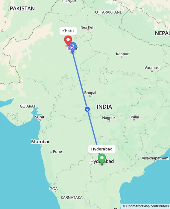 Route map showing distance and travel time from Hyderabad, India to Khatu, India